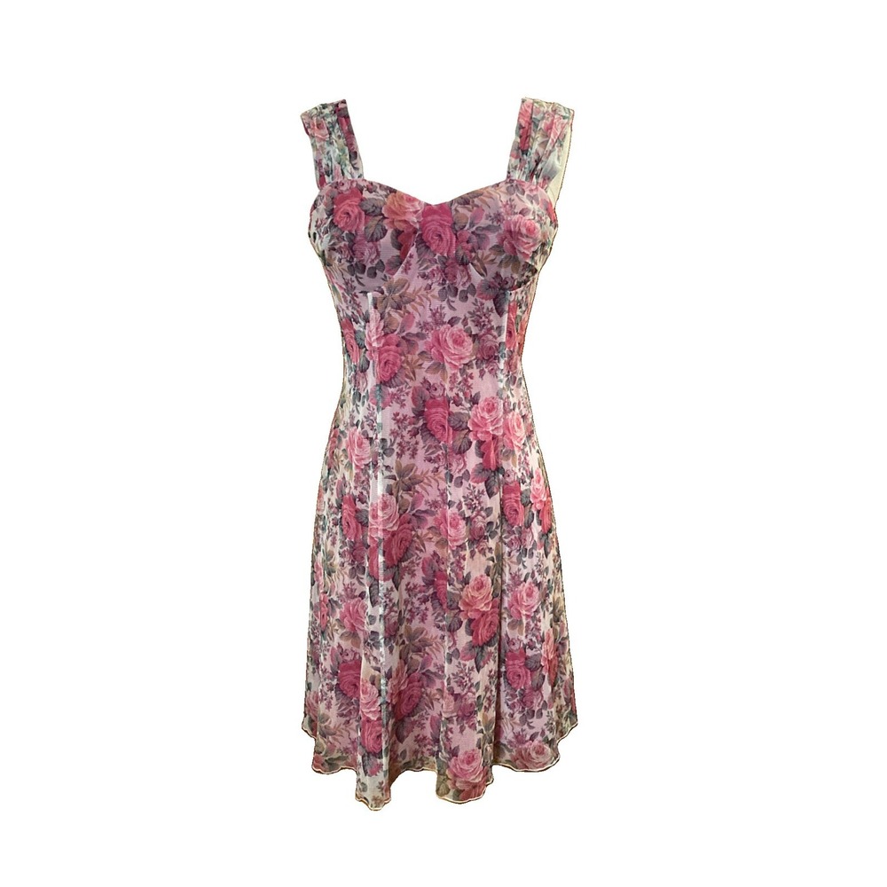 Lew Magram Vtg 80s Mini Dress Sz 8 Floral Pink Rose Sleeveless Sweetheart Slip